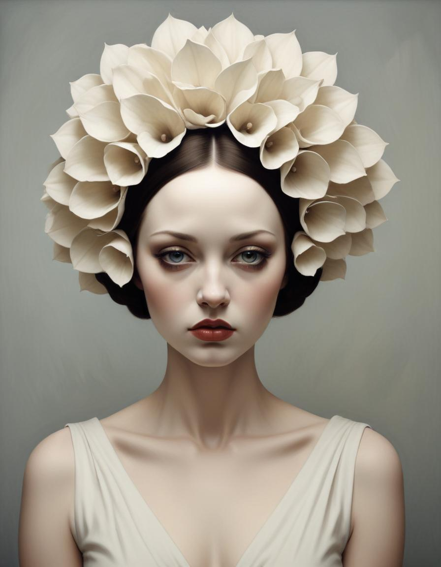 a coquettish woman with porcelain skin, ruby red lips, dark hair dressed in white wearing gardenia flowers in her hair