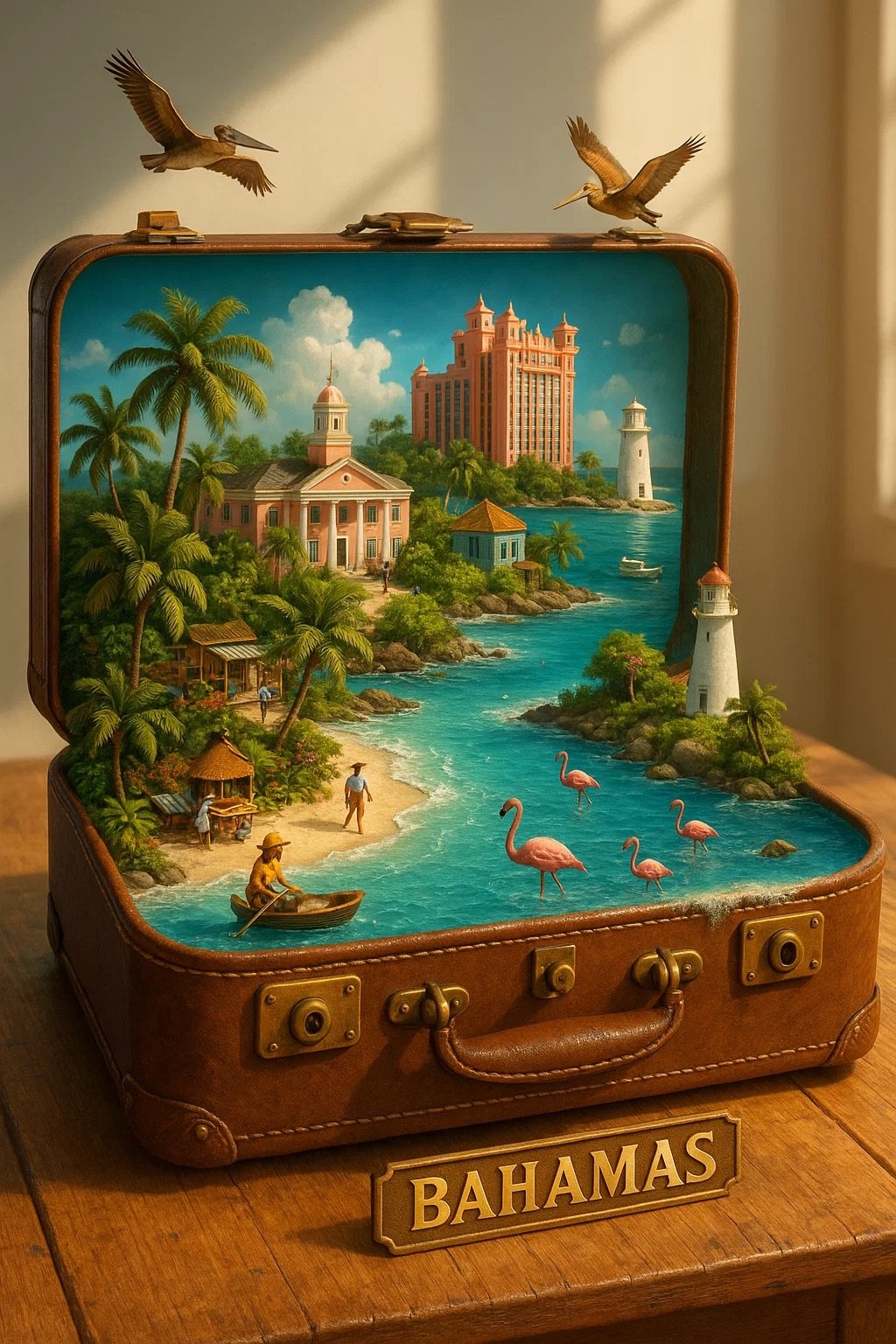 A highly detailed miniature world representing [Jamaica] inside an open vintage leather suitcase. The landscape overflows from the case — with iconic landmarks, native plants and animals, and small scenes of everyday life. The suitcase is placed on a wooden table, lit by bright natural light, blending magic and realism. ratio 2:3, portrait, 360x720, n:4, shows “Jamaica” on the bottom of the picture.