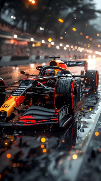 Double Exposure, Midjourney Style, Compositing, Blending, Superimposing A breathtaking, futuristic double exposure artwork featuring the silhouette of a legendary Formula 1 driver, intertwined with the adrenaline-fueled world of Formula 1 racing. Inside the silhouette: a classic Ferrari F1 car racing full-speed on a slightly wet twilight track, glowing under warm stadium lights and iconic red-yellow reflections. The car's deep Rosso Corsa red, paired with warm amber highlights and jet black carbon textures, creates a powerful visual identity that pays tribute to Ferrari's racing legacy. The background remains softly gradient with warm greys and golden mist, avoiding cold tones to bring vibrancy and depth while ensuring the silhouette remains the focal point.

Cinematic lighting and photorealistic textures highlight wet asphalt reflections, glowing light trails, and motion blur, adding depth and realism. Futuristic elements like telemetry HUD overlays, kinetic energy lines, and subtle digital flare effects create a sense of modern speed and innovation, without compromising the classic Ferrari feel.

(Detailed:1.45), (Detailed background:1.4) Warm cinematic tones, glowing Ferrari reds and yellows, vibrant track lights, glossy reflections, hyper-detailed surfaces, energetic mood, legendary speed. Added reference visuals.