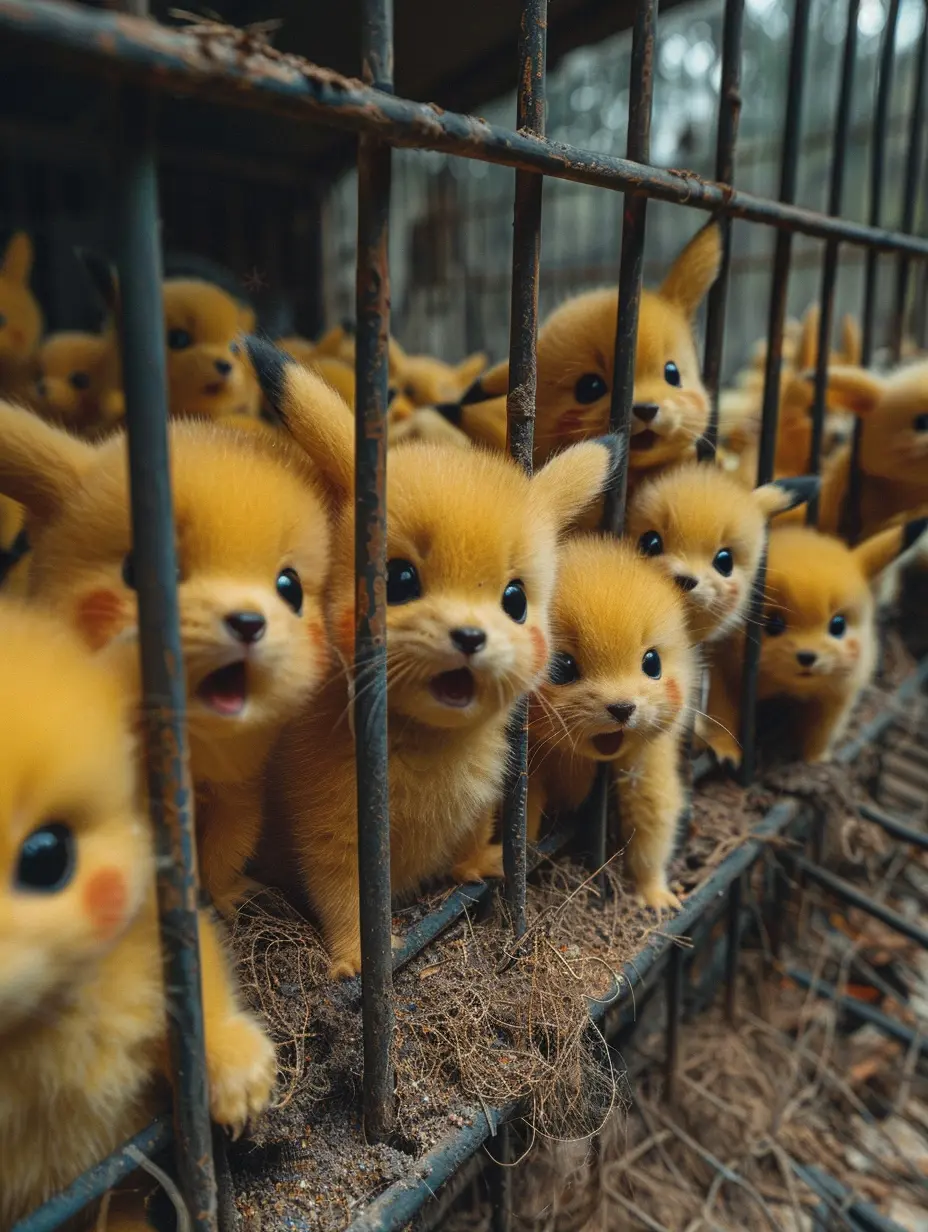 A group of Pikachus being locked in a cage in a lab, frustrated and sad, posted on snapchat in 2020 --ar 3:4 --v 6.0 --style raw --s 550