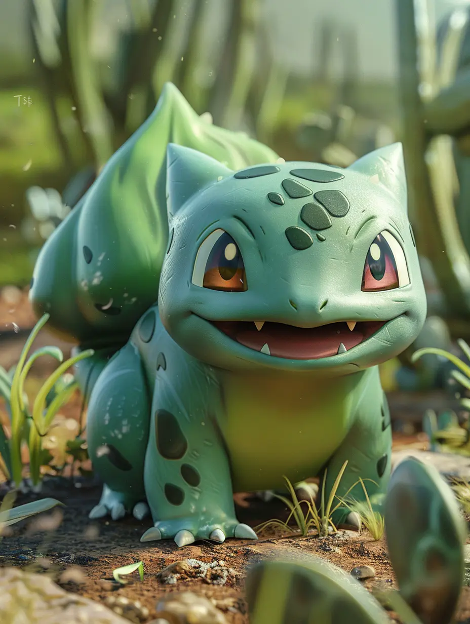 Bulbasaur smiling on a desert of Texas --cref https://s.mj.run/PqPbMbMEWfU --cw 100 --v 6.0 --s 250 --no tortoise shell --ar 3:4