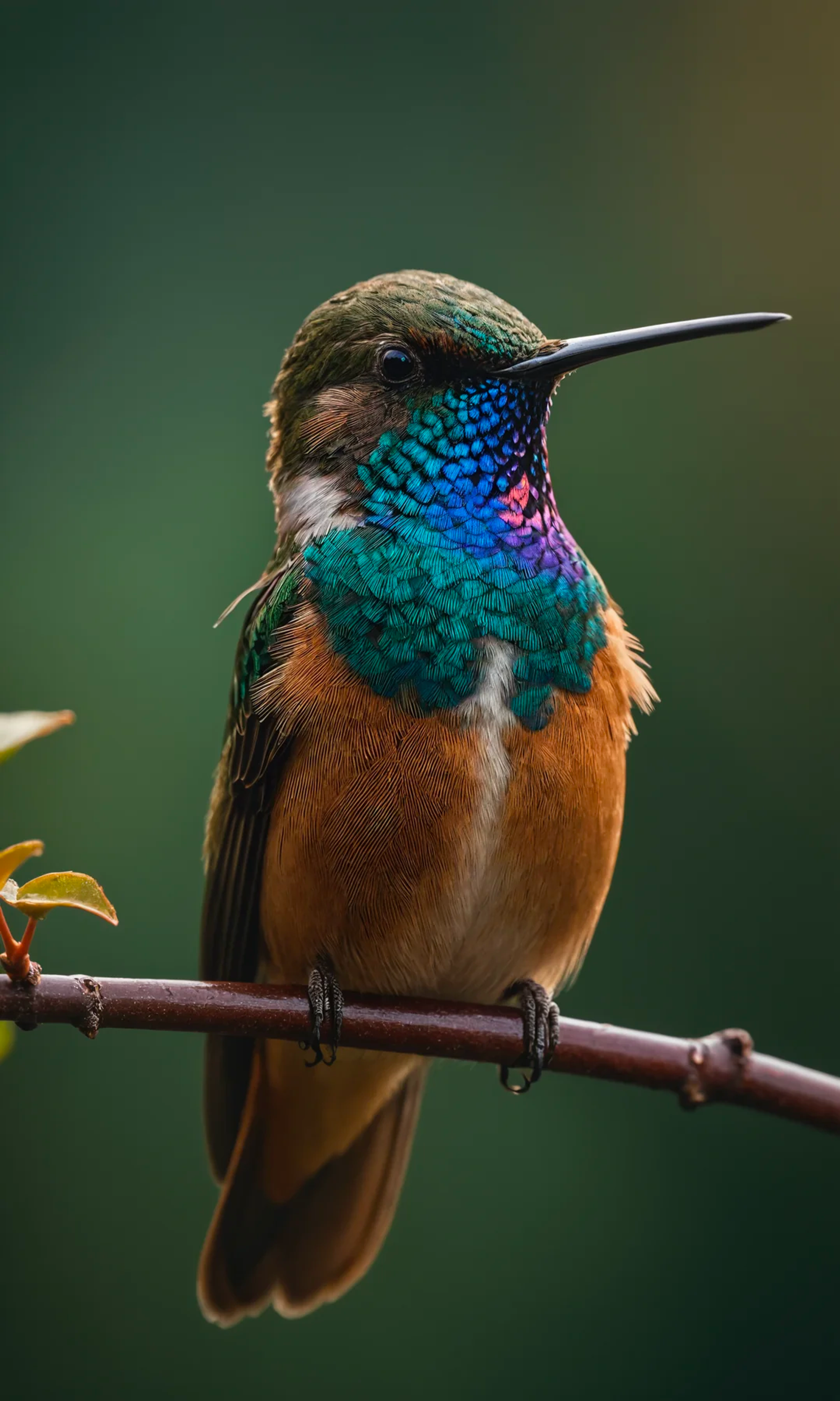 Humming bird sitting on a tree branch. Portrait photography, sharp backlight, softbox photography