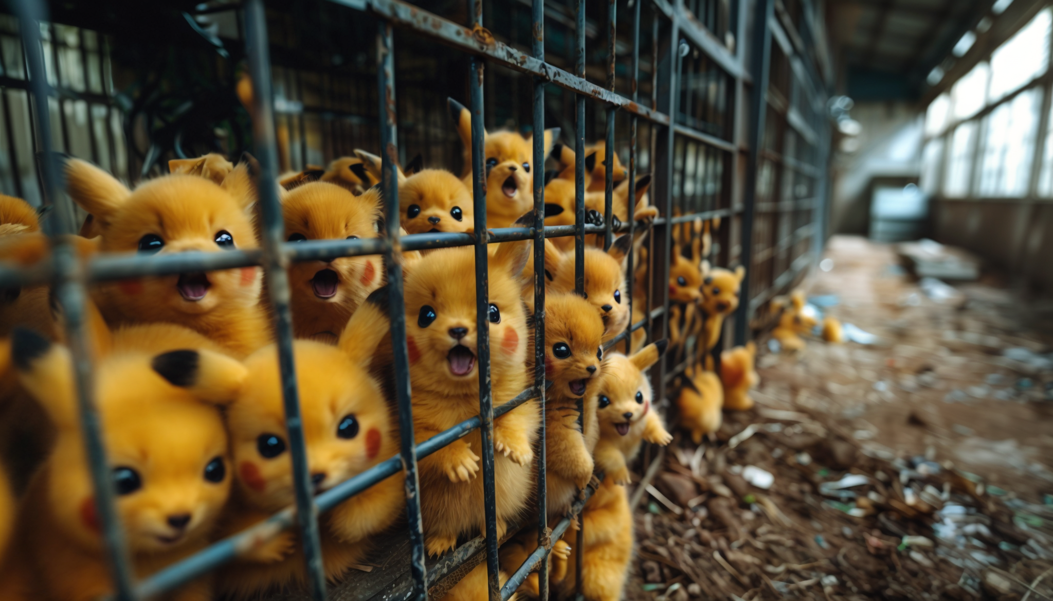 A group of Pikachus being locked in a cage in a lab, frustrated and sad, posted on snapchat in 2020 --ar 3:4 --v 6.0 --style raw --s 550