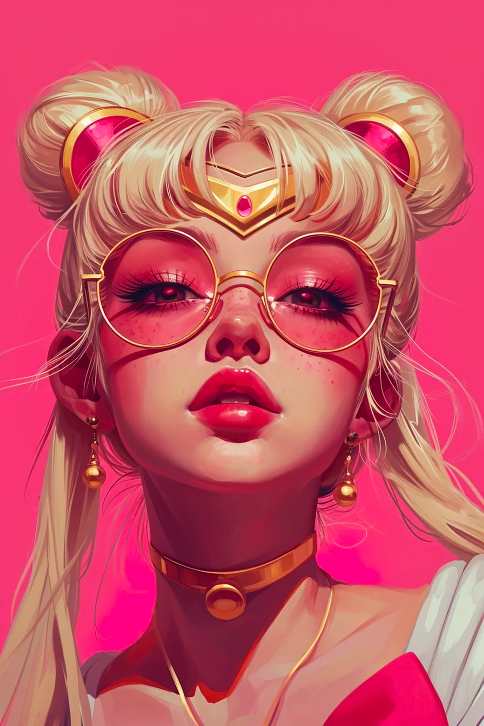 a cartoon image of Sailor Moon, pink background, in the style of cyberpunk manga, feminine portraiture, blonde hair, light gold and red, round glasses, high-contrast realism, intense shadows, clear edge definition, hallyu, sketch draw, Sailor Moon 90s anime --v 6.0 --ar 2:3