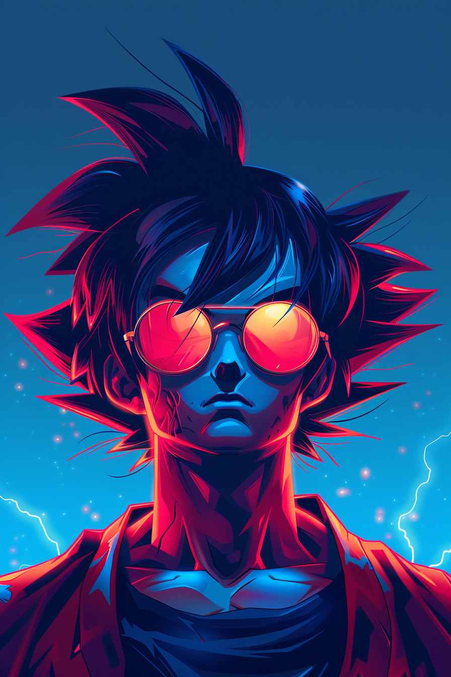 A cartoon image of Goku from Dragon Ball, neon blue background, in the style of cyberpunk manga, heroic portraiture, spiky black hair, electric blue and red, aviator glasses, high-contrast realism, intense shadows, clear edge definition, hallyu, sketch draw, Dragon Ball Z 90s anime