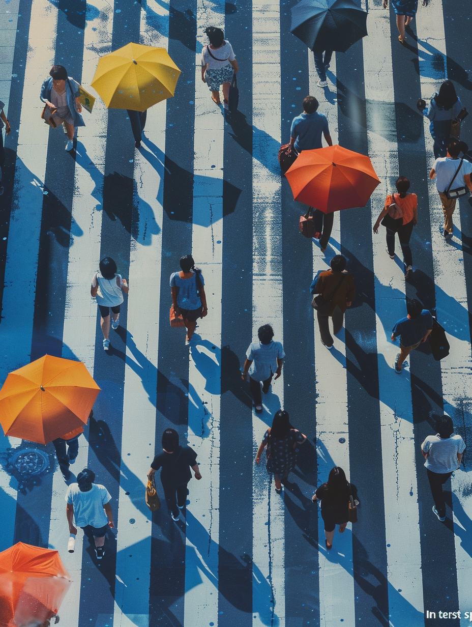 Many people on the street crossed an empty pedestrian crossing, in a close-up view of them walking fast with motion blur, from a top view. The poster design had a poster title of "In terst spaces" with a high resolution, in the photography style of Rinko Kawauchi and in the Japanese minimalist style of Hidemi Shimura. It had a white background. --ar 3:4 --v 6.0 --s 250 