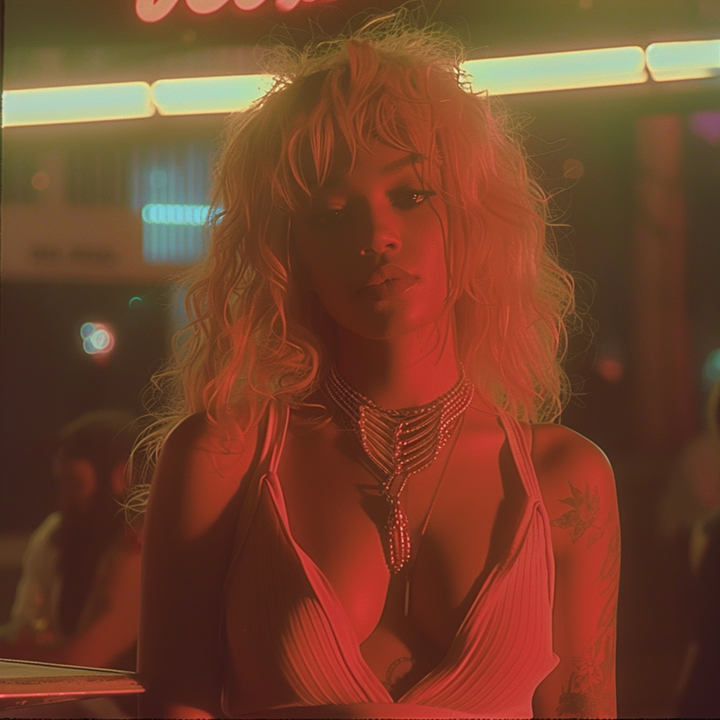 photo of Rihanna strike a pose outside of a nightclub, blonde hair, curly hair, sexy --sref 58261644 --sw 100 --v 6.0 --s 250